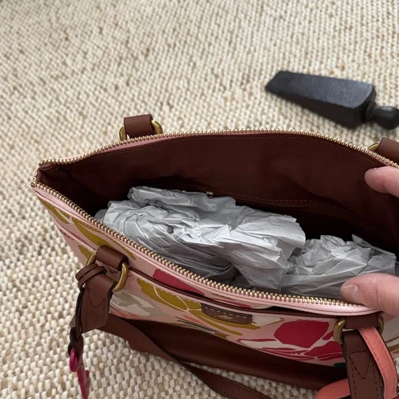 Fossil Women's Pink and Brown Floral Tote - Picture 2 of 3